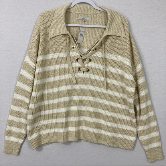 New LOFT Tan White Striped Lace Up Chunky Cozy Sweater size Large - Picture 2 of 10